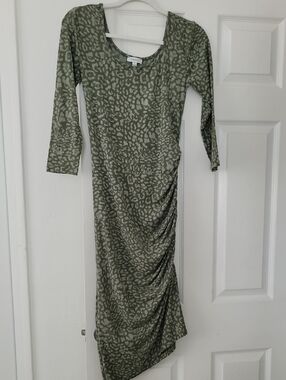 Skinnygirl Olive Green Animal Print Long Sleeve Midi Dress